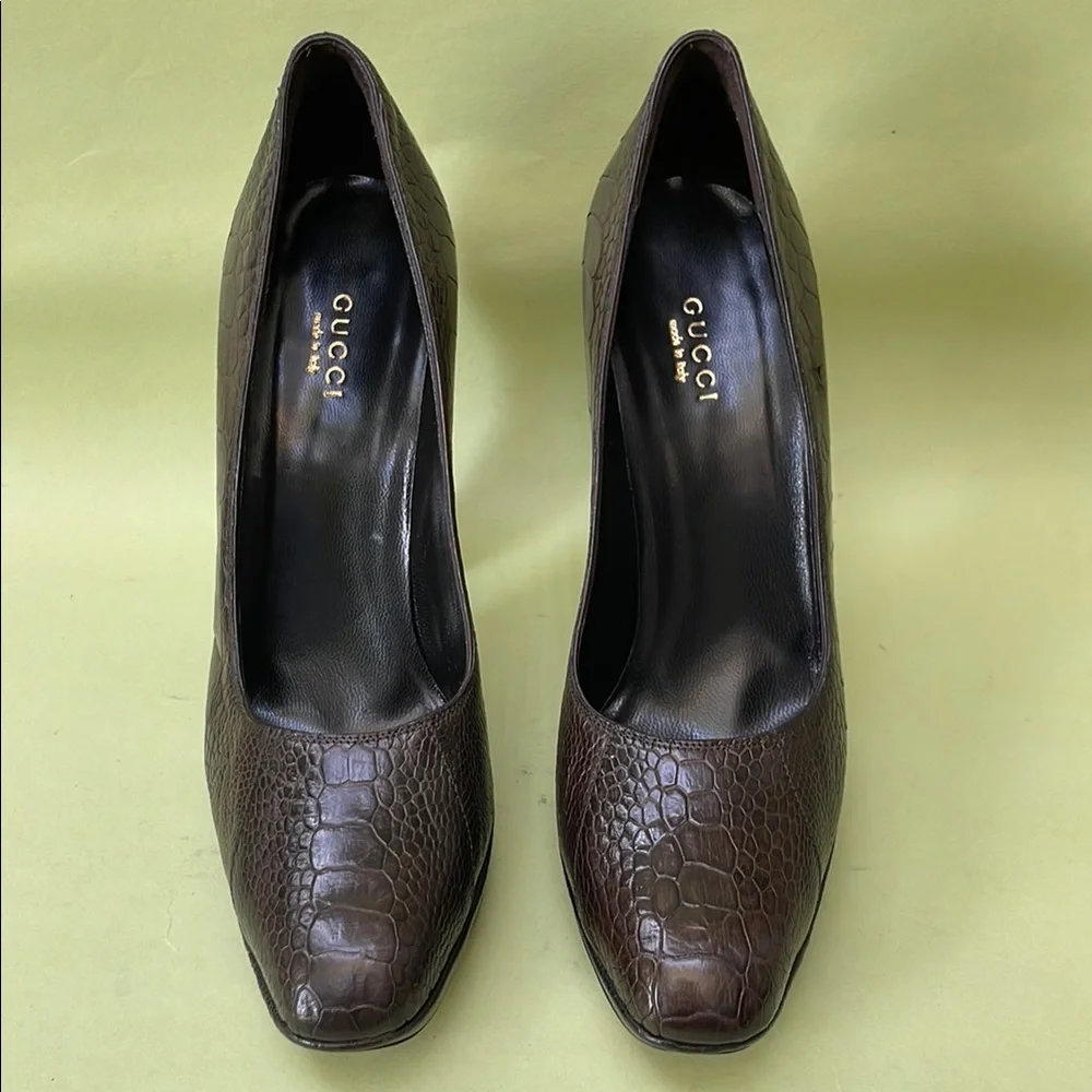 New Gucci Dark Brown Alligator/Leather Heels Elegant Design - Picture 4 of 13